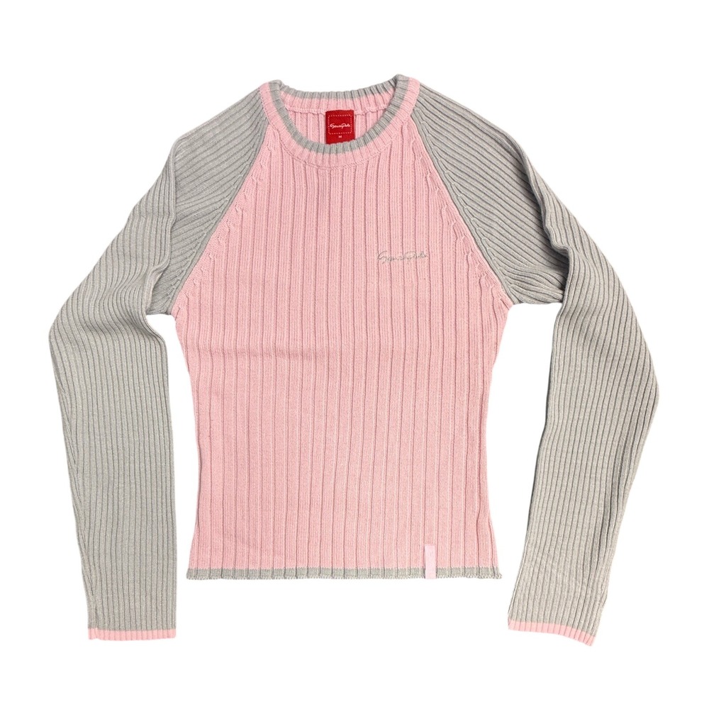 Vintage Y2K Southpole‎ Pink Gray Ribbed Knit Raglan Long Sleeve Sweater Top Med